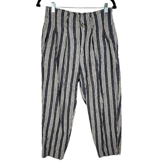 Madewell Linen Cotton Blend Paperbag Pants High Rise Blue Railroad Stripe Pant 4 - Picture 2 of 13